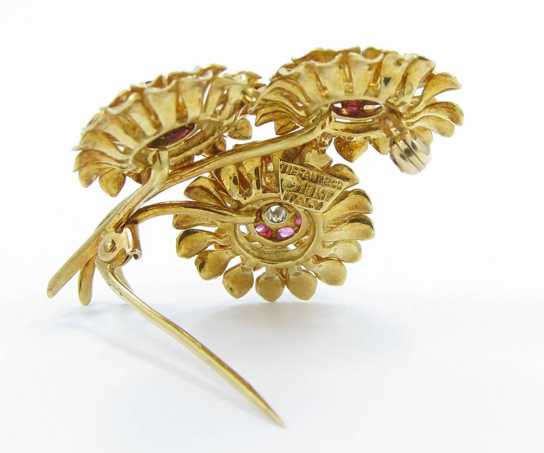 Women's or Men's Tiffany & Co. Ruby Diamond Gold Flower Pin For Sale