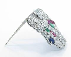Art Deco Ruby Emerald Sapphire Diamond Platinum Brooch