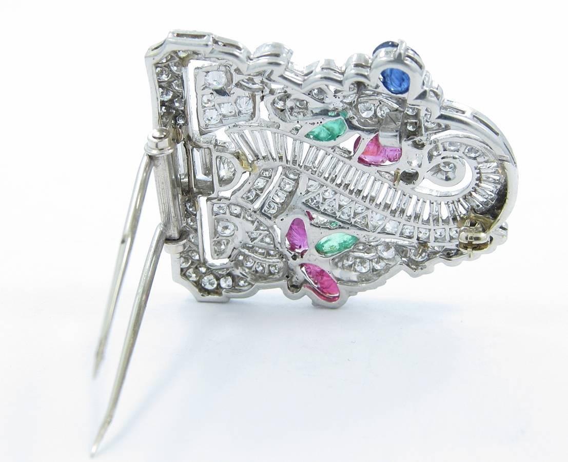 Art Deco Ruby Emerald Sapphire Diamond Platinum Brooch In Excellent Condition For Sale In Naples, FL