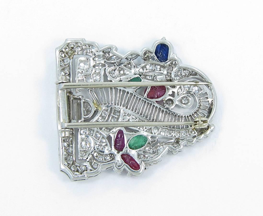 Women's or Men's Art Deco Ruby Emerald Sapphire Diamond Platinum Brooch For Sale