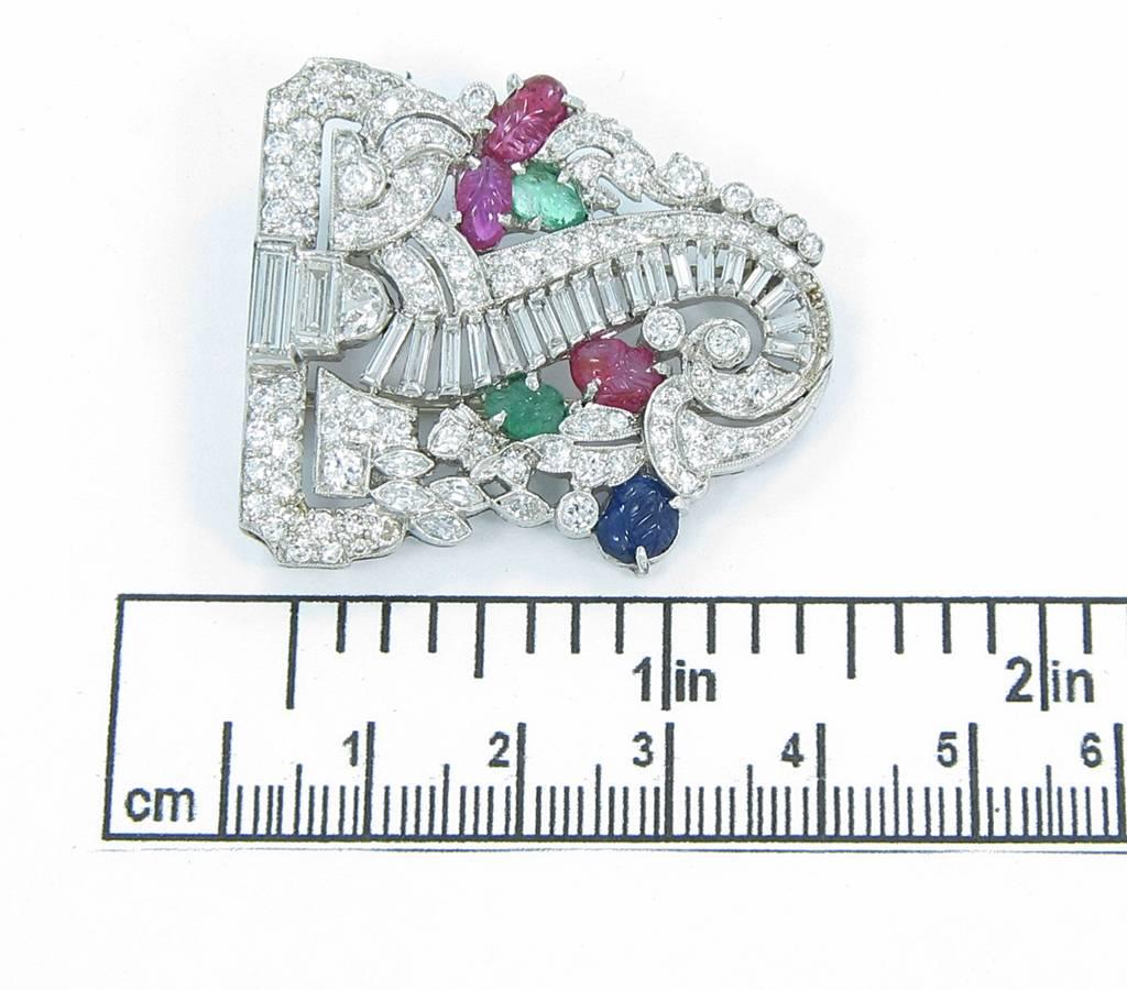 Art Deco Ruby Emerald Sapphire Diamond Platinum Brooch For Sale 1