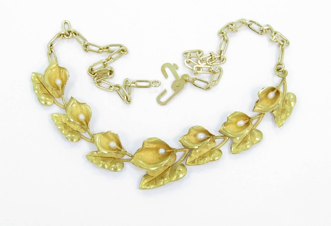 Pearl Gold Flower Petal and Leaf Necklace  In Excellent Condition For Sale In Naples, FL