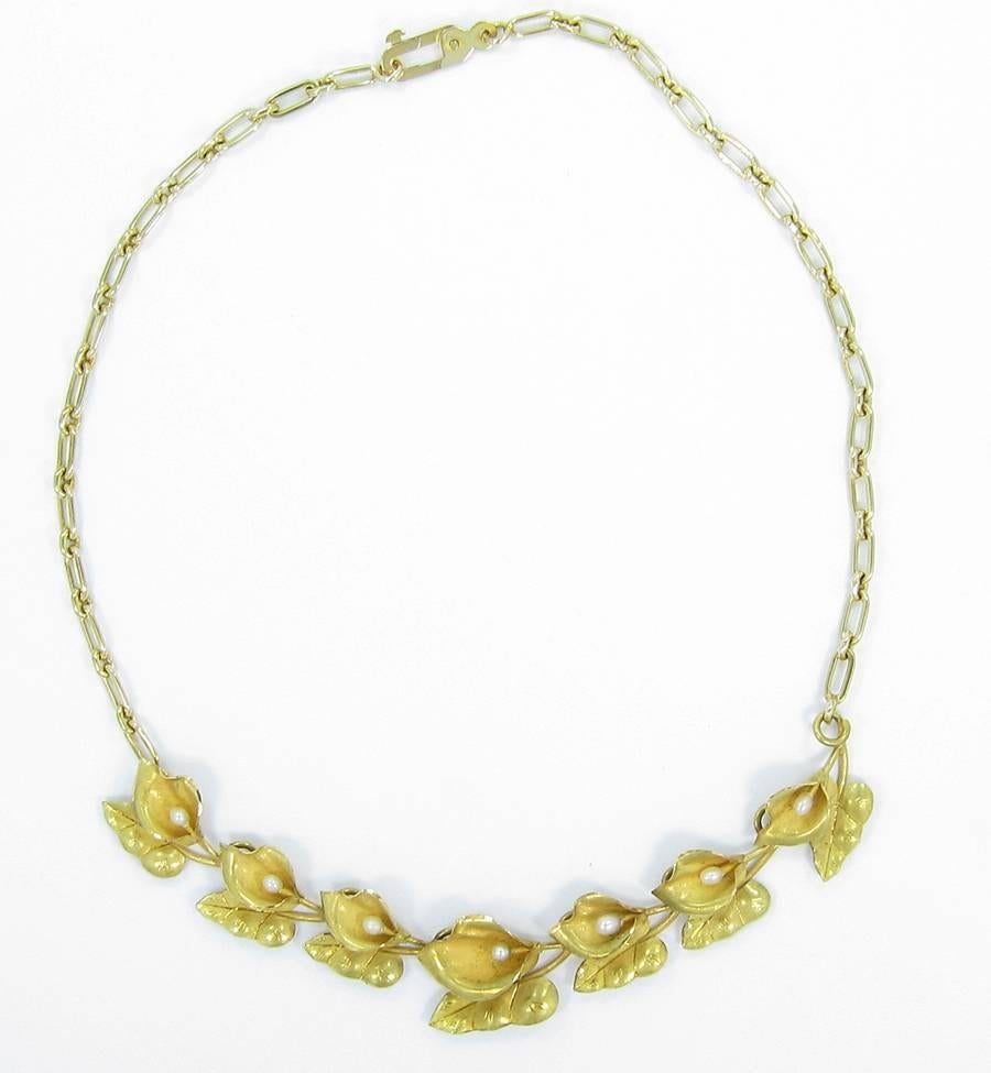 Pearl Gold Flower Petal and Leaf Necklace  For Sale 1