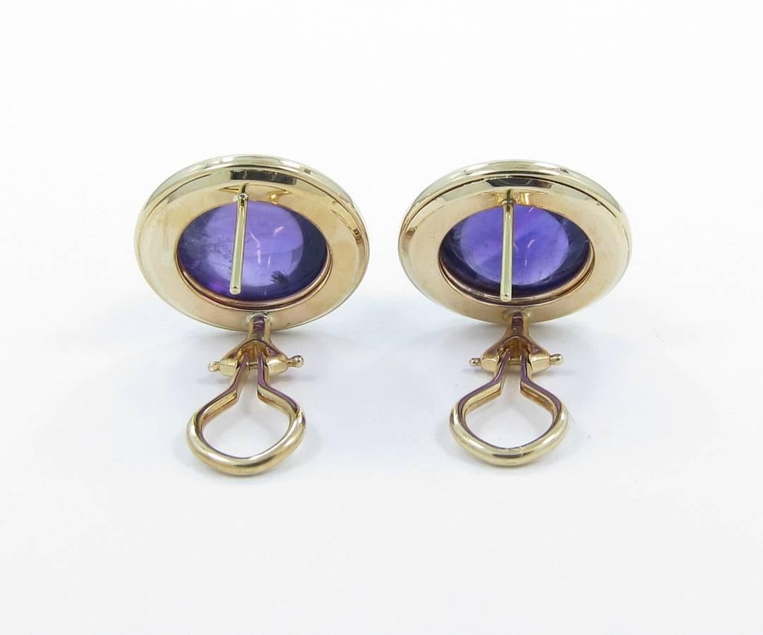 Cabochon Amethyst Diamond Gold Earrings In Excellent Condition For Sale In Naples, FL