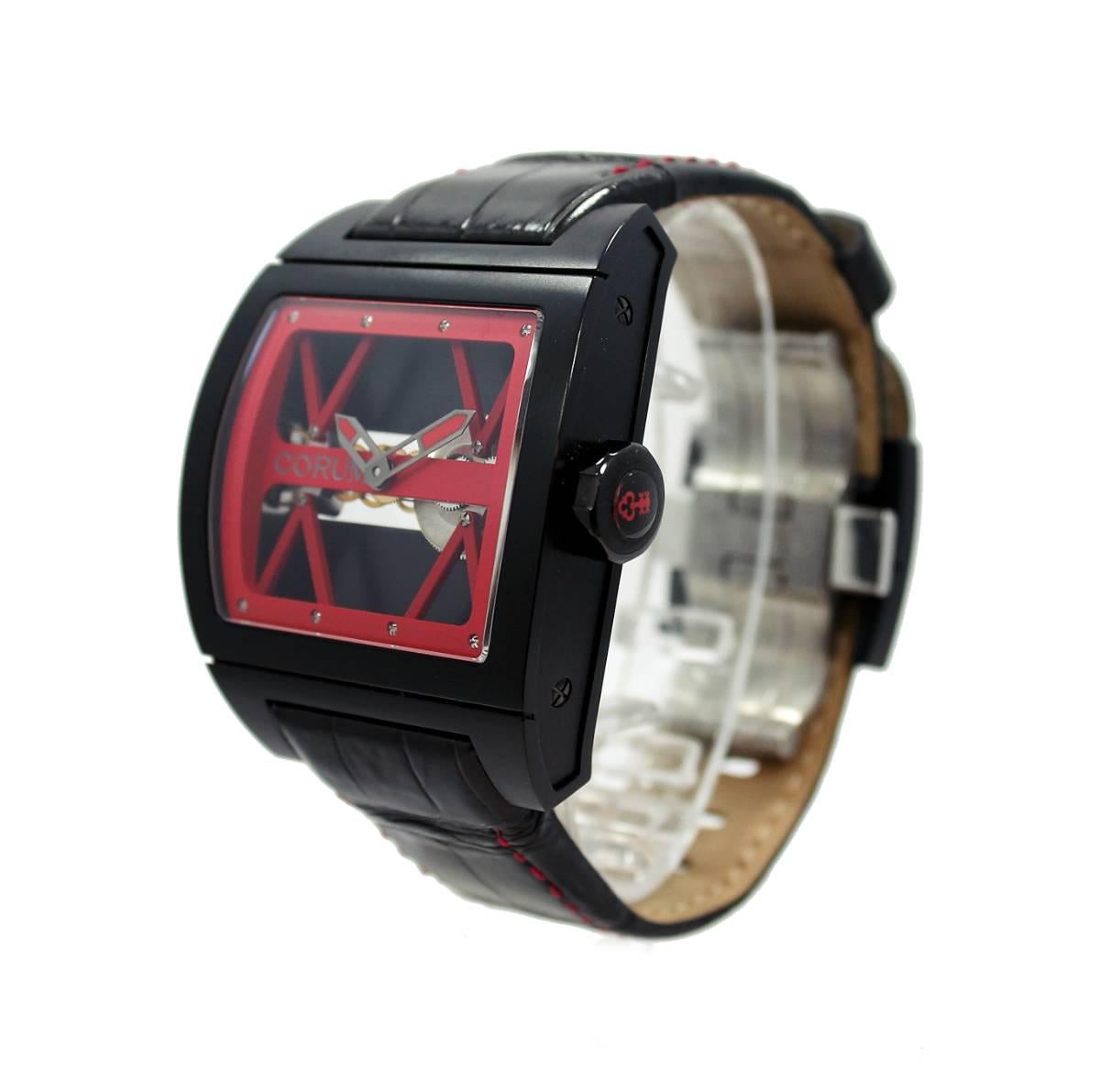 Corum Titanium Bridge Black PVD with Red Limited Edition No. 3 of 6 released in America. Reference 007.412.94/FR81. This version of the Corum has a different crown and case back, making it even more limited. The watch is designed for the auto