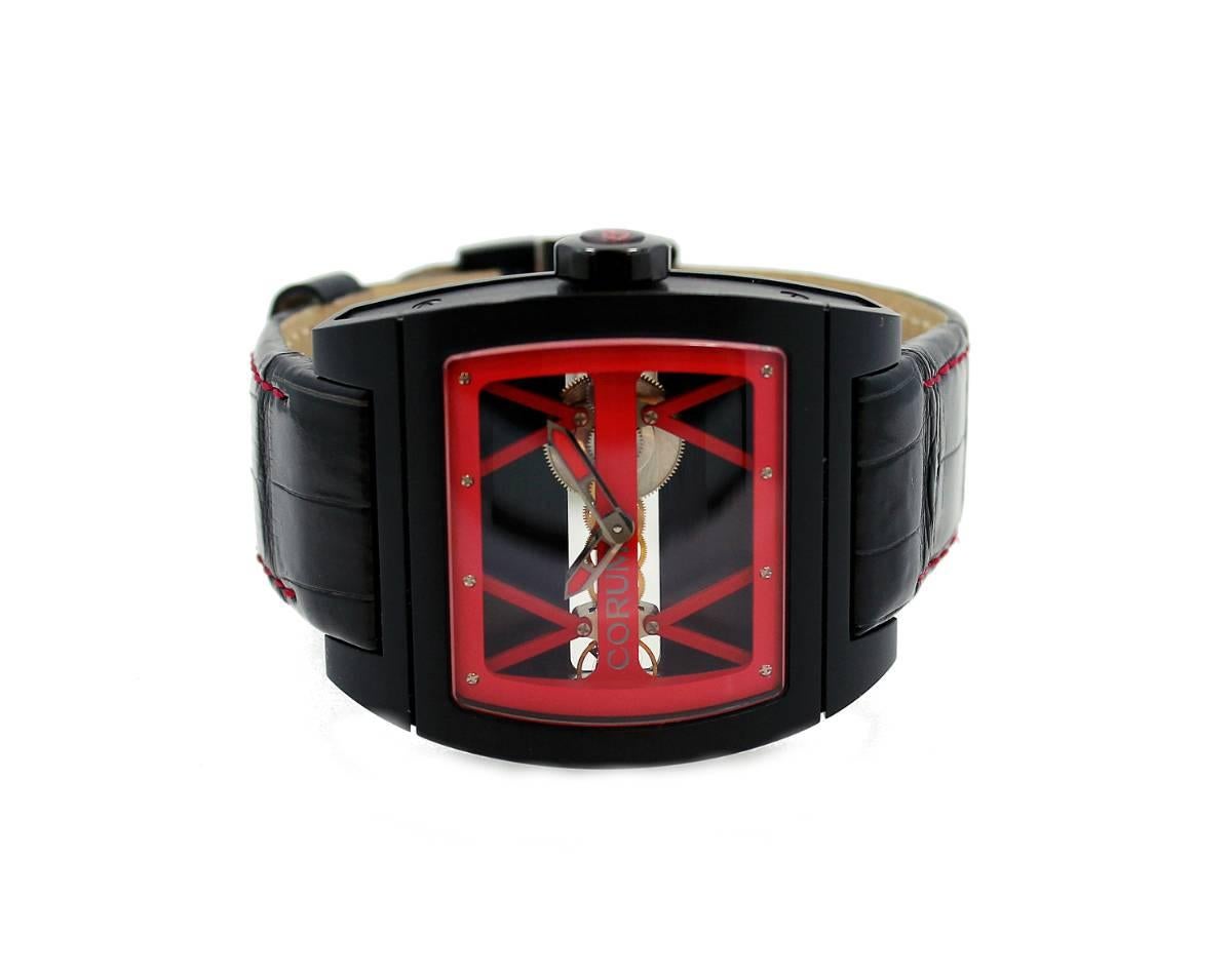 Women's or Men's Corum Titanium Bridge Black PVD Red Limited Edition Wristwatch For Sale