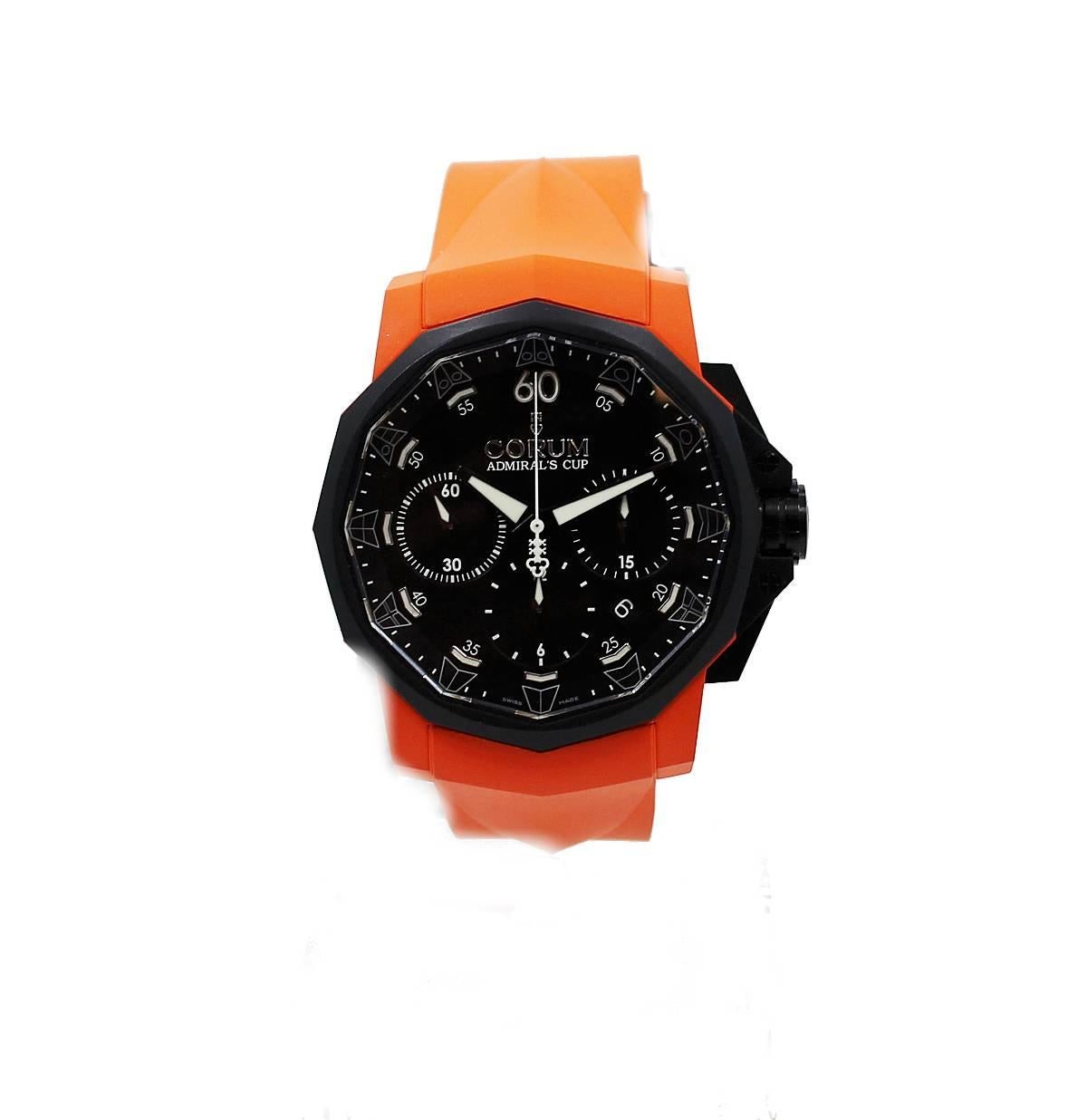 Corum Admiral's Cup Challenger 44 Chronograph  Titanium Limited Edition Watch #46/120 (Model#753.814.02/F374). This exclusive limited edition watch comes in a Orange Rubber Case and Strap with deployment Buckle.It is 42mm, Chronograph Automatic