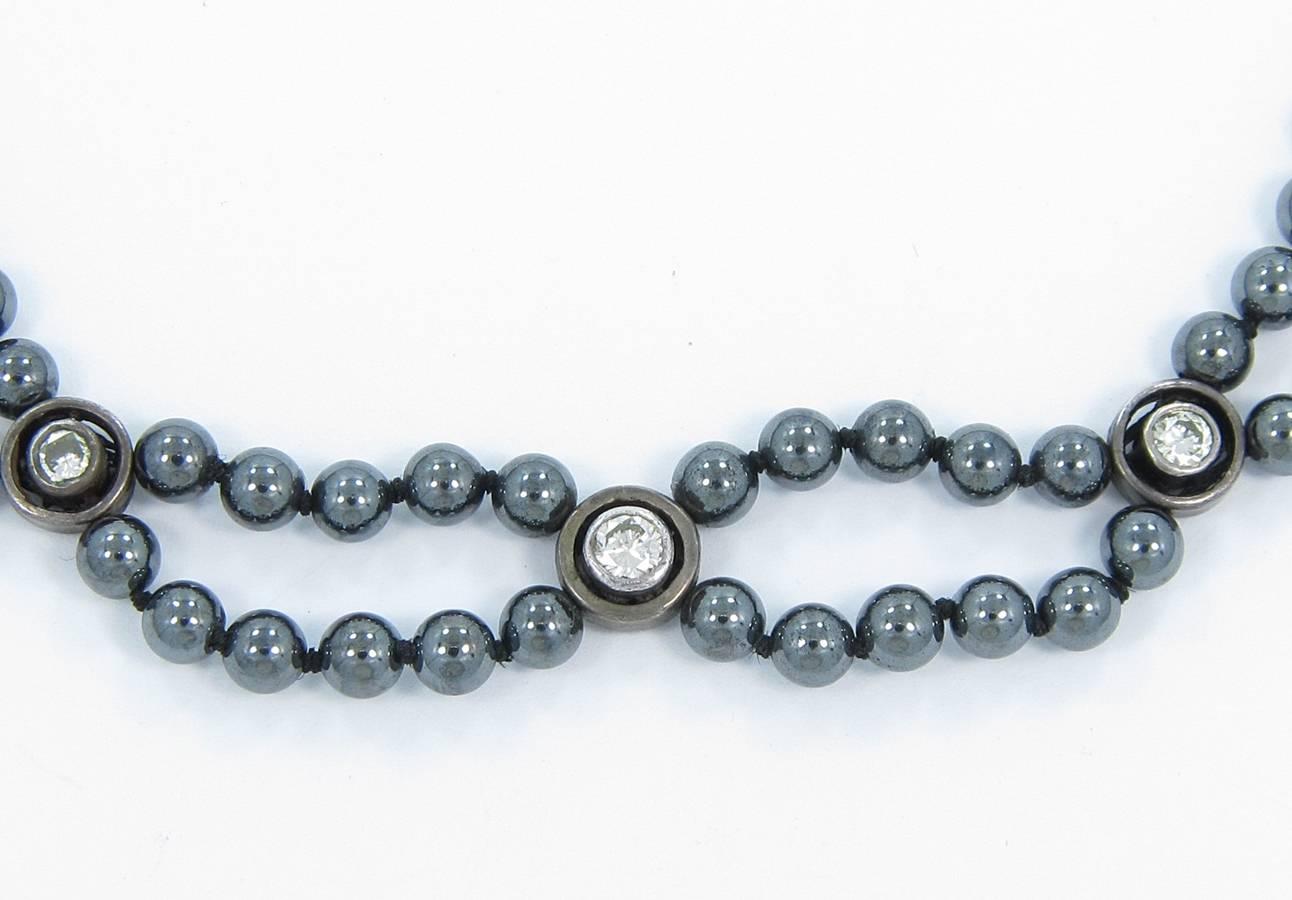 Hematite Bead and Diamond Necklace In Excellent Condition For Sale In Naples, FL