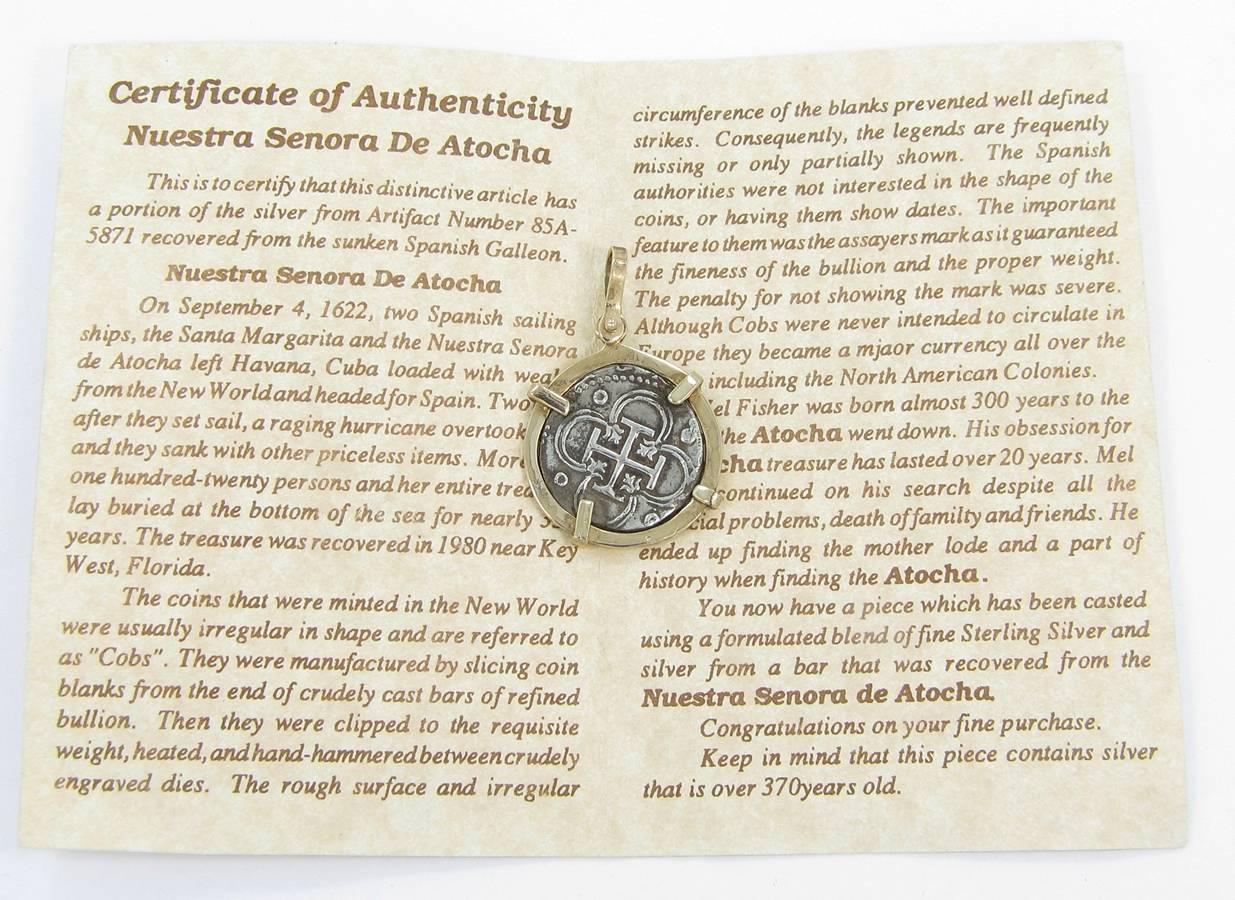 Authentic Sunken Treasure Atocha Coin Pendant In Good Condition In Naples, FL
