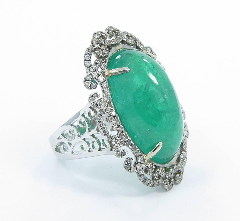 20.45 Carat Cabochon Emerald Diamond Gold Ring In Good Condition For Sale In Naples, FL