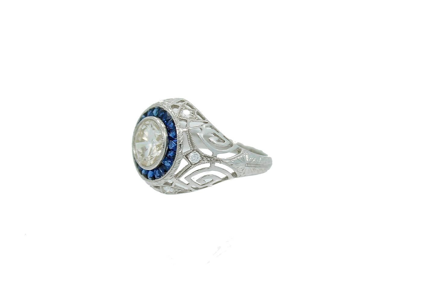 French Cut Sapphire Diamond Platinum Ring For Sale