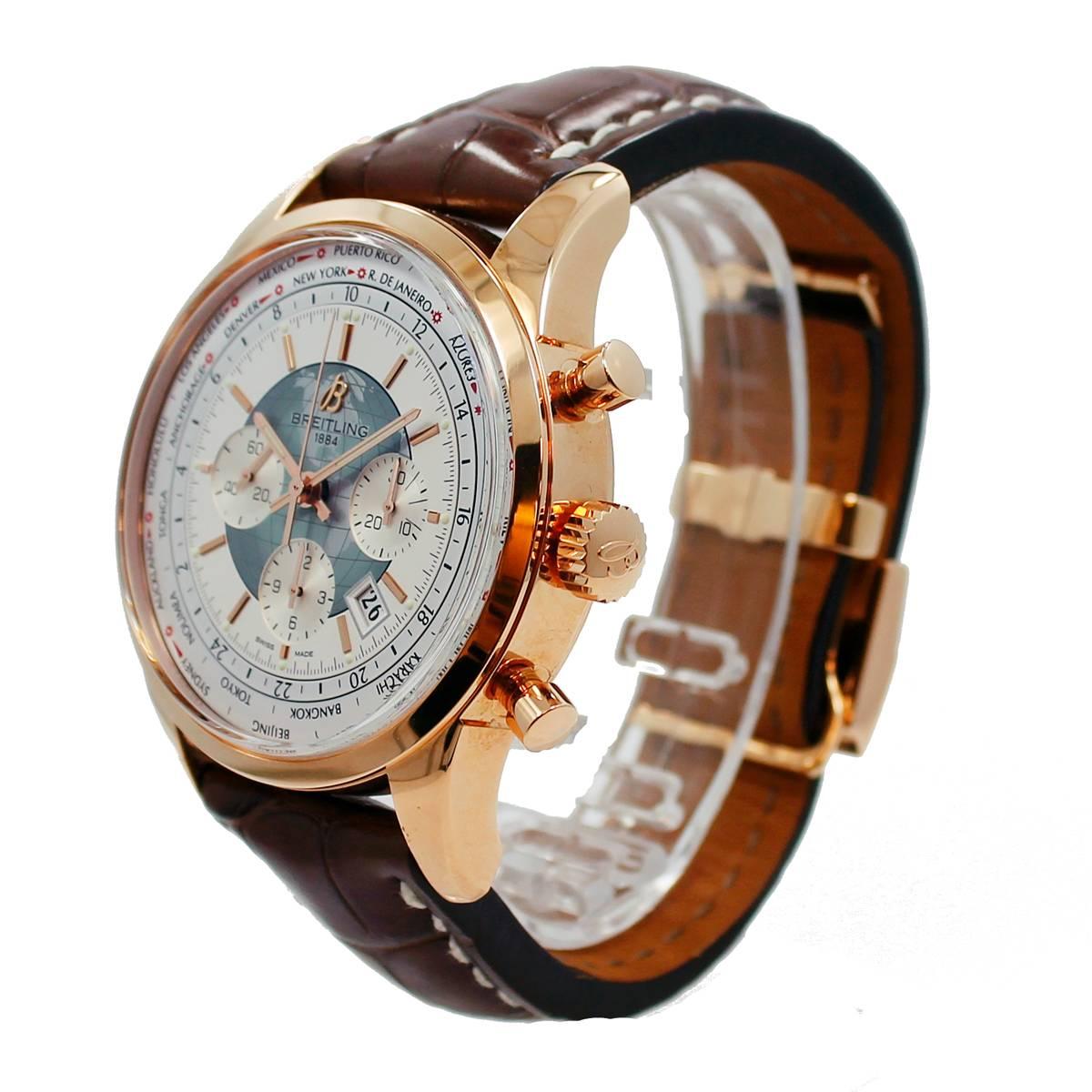 18K Rose Gold Breitling Transocean Chronograph Unitime RB0510U0/A733. This time piece is equipped with Breitling Calibre 05 fully in-house movement and can show the time in all 24 time zones at once. you turn the crown forwards or backwards and it