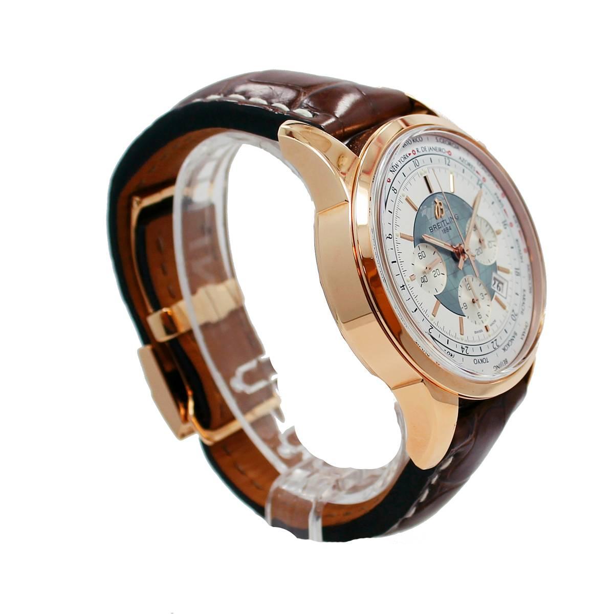 Breitling Rose Gold Transocean Chronograph Unitime Automatic Wristwatch In Excellent Condition In Naples, FL