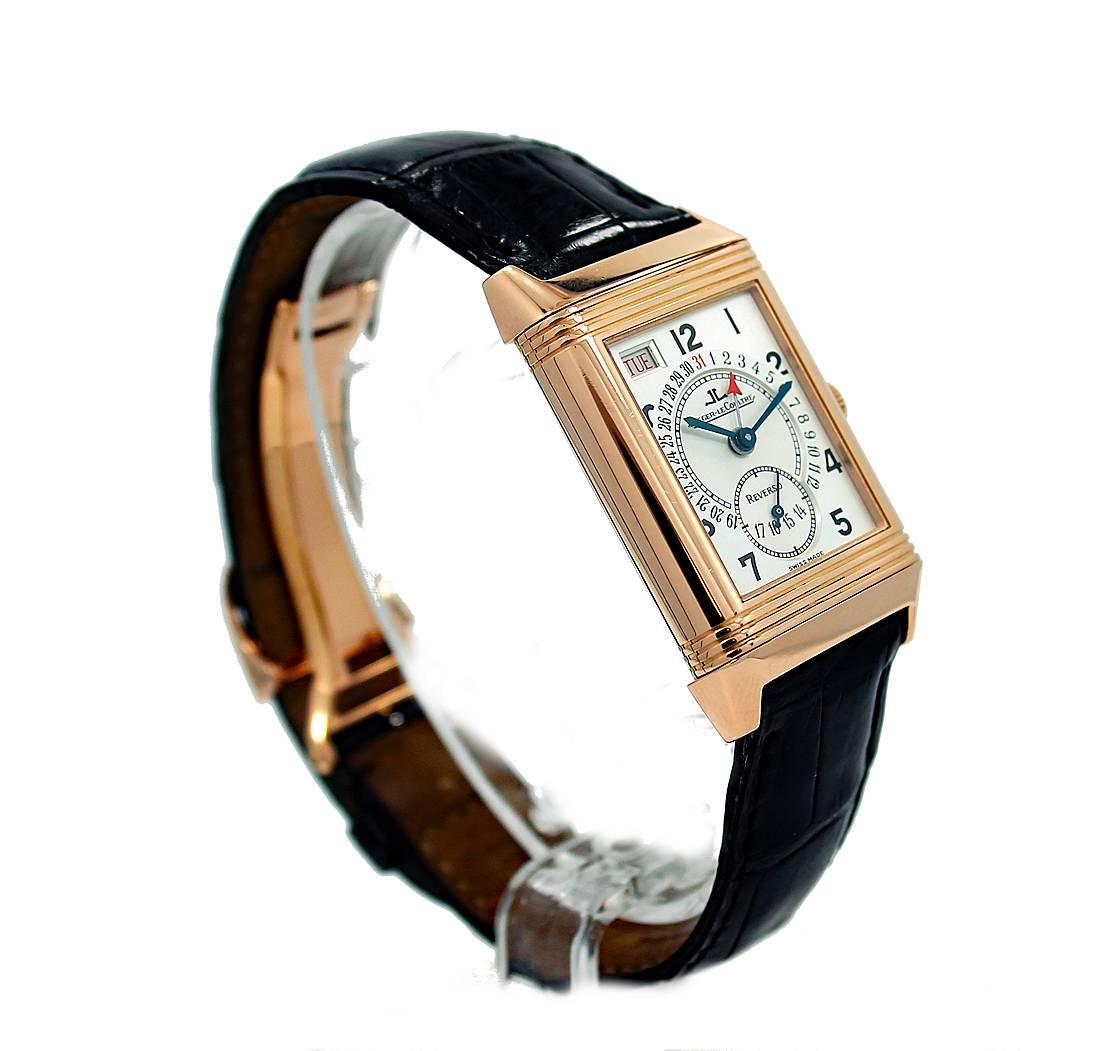 18K Rose Gold Jaeger-LeCoultre Date Model Q273242A with Black Crocodile Strap and 18K Rose Gold Deployment Buckle. This wristwatch is 36mm with a Manual Wind Movement, White Dial, Sapphire Crystal and Solid Case Back. The dial indicates hours and
