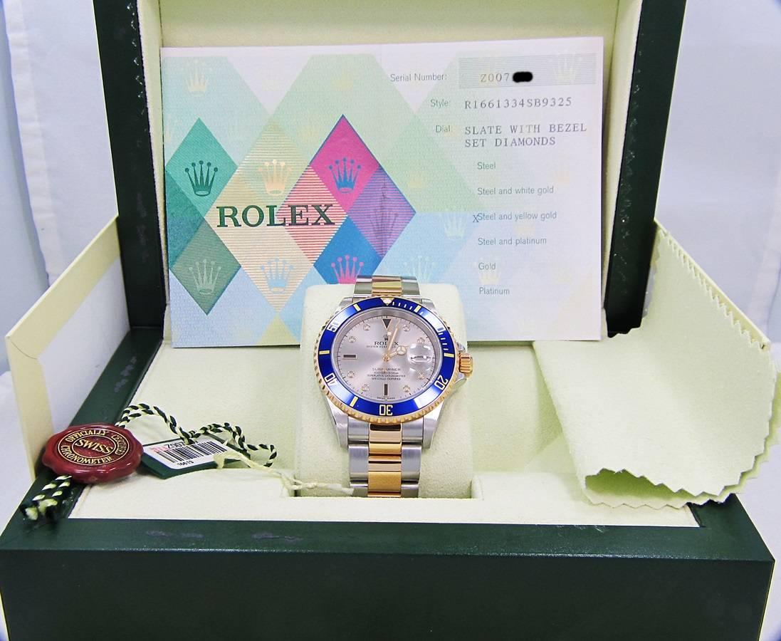 Brand: Rolex Submariner 
Model Number: 16613 
Serial Number: Z00xxx (Circa 2006 1/2) 
Case Diameter: 40mm 
Dial: Silvered Serti Dial with diamonds and sapphires 
Movement: Automatic Movement 
Band: 18k yellow gold and steel 
Metal: 18k yellow