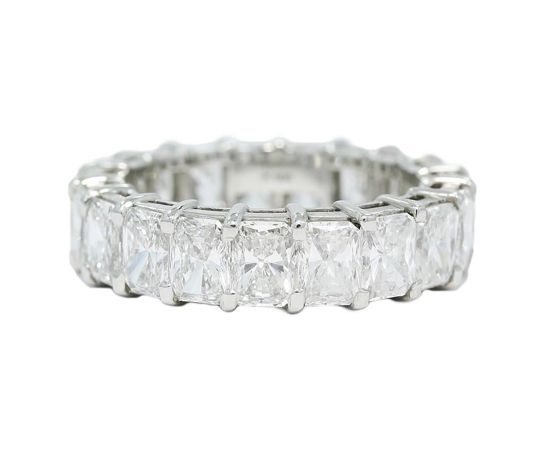 Quality and quantity combined together in this amazing ring. This Chopard eternity band holds an impressive 19 radiant cut diamonds that equal 7.50ctw with G-H in color and SI-VS in clarity. All diamonds are securely set in platinum. Chopard Serial