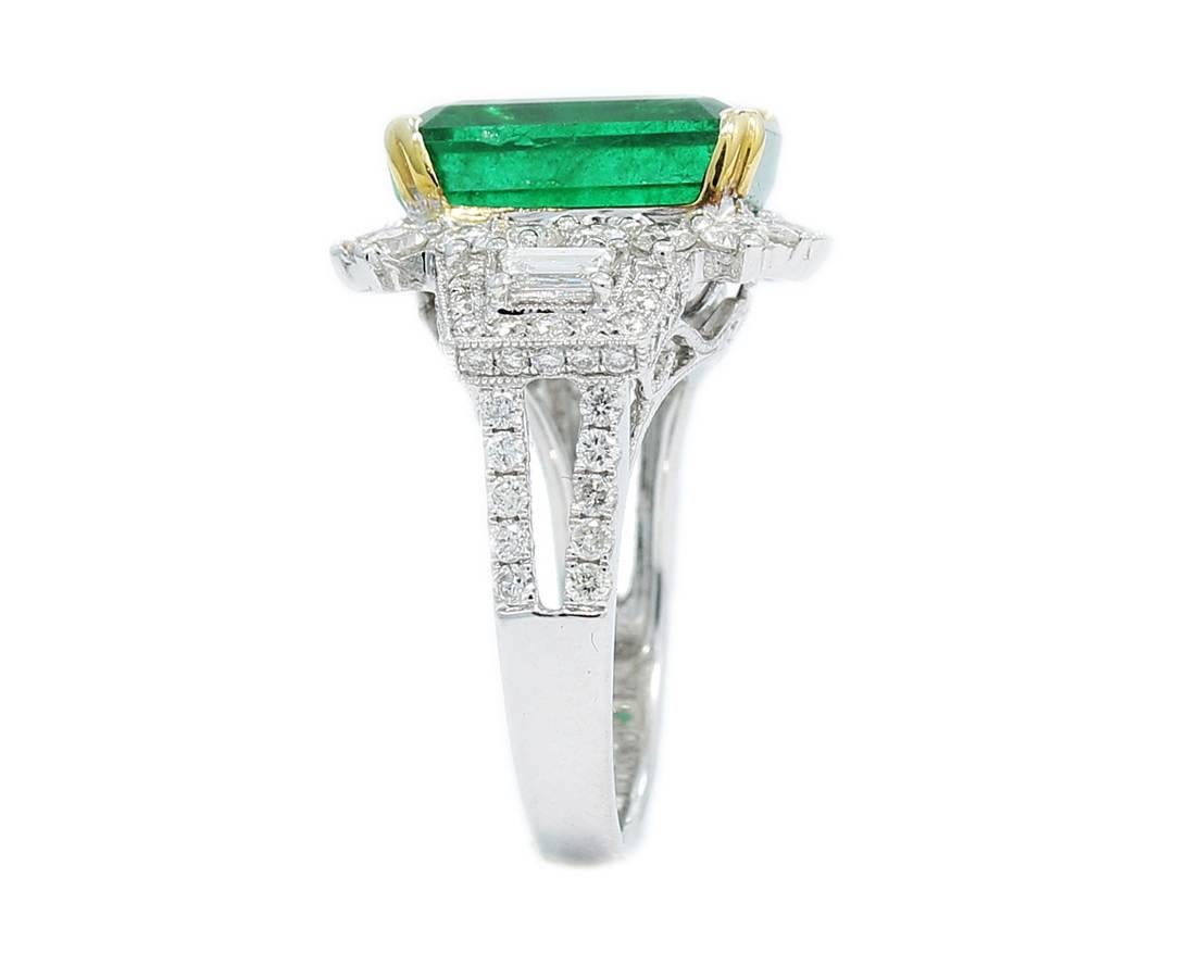 Women's 6.65 Carat Emerald Diamond Two Color Gold Ring For Sale