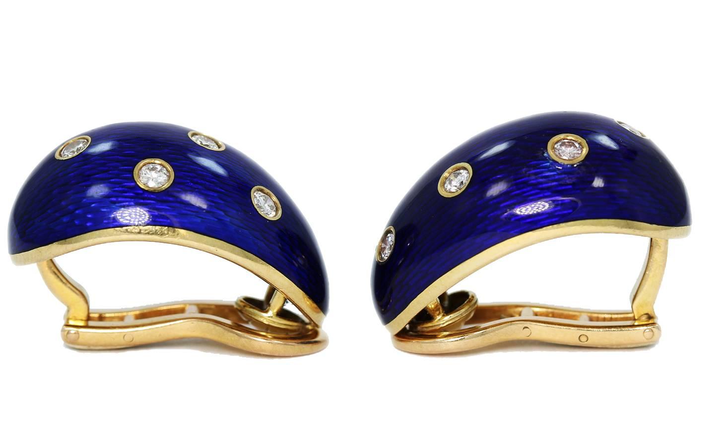 Cartier Blue Enamel Diamond Gold Earrings In Good Condition For Sale In Naples, FL