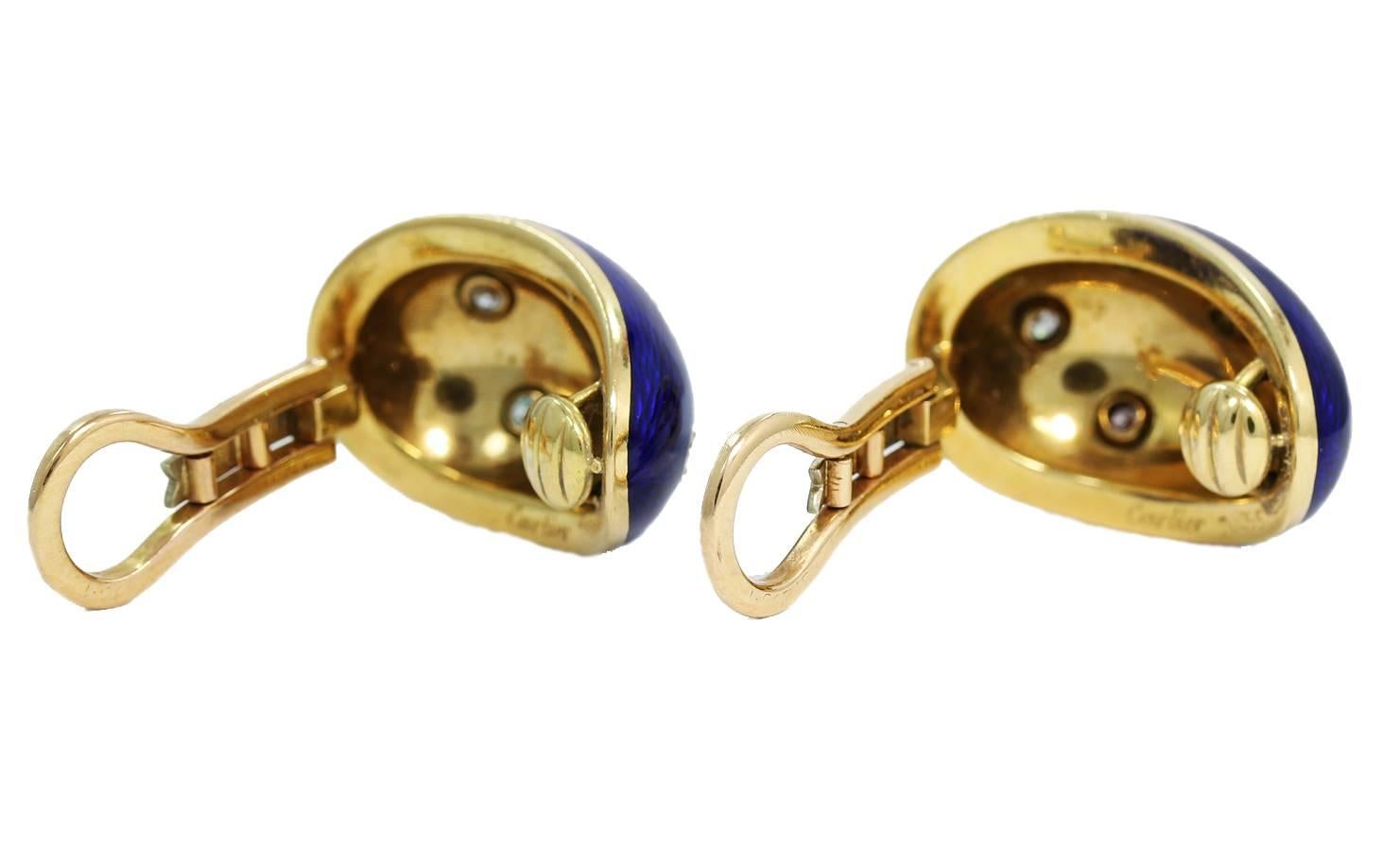 Cartier Blue Enamel Diamond Gold Earrings For Sale 1