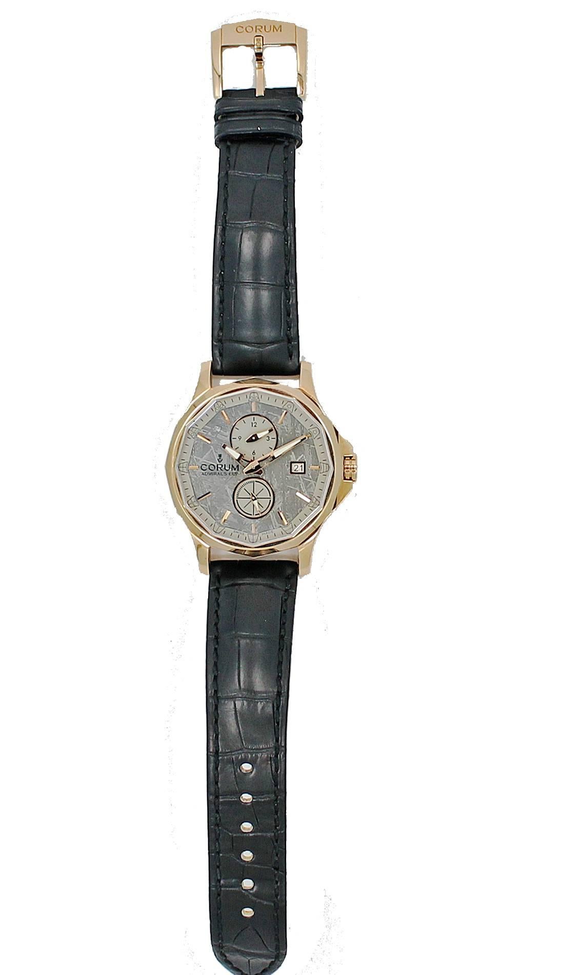 Women's or Men's Corum Rose Gold Admiral's Cup Legend 42 Meteorite Dual Time Automatic Wristwatch