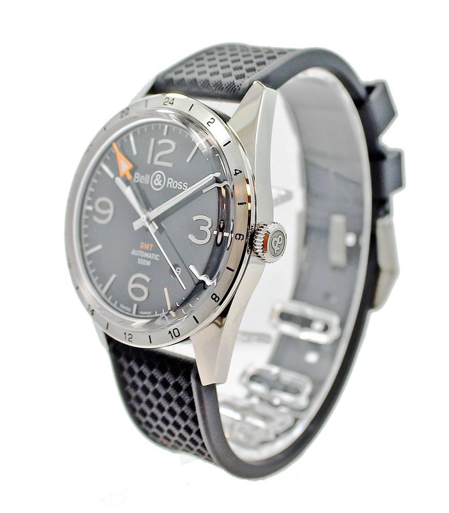 Bell & Ross BR 123 GMT 24H  Model-BRV 123-BL-GMT/SRB. This watch is 42mm with a Satin-polished Case, Graduated Bezel and Black Dial. it features and Automatic Movement with the following functions: Hours, Minutes, Seconds, Date and a Second Time