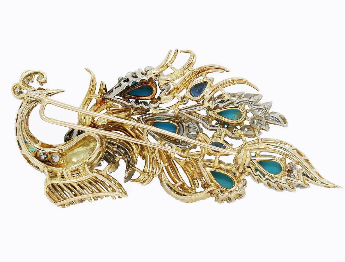 Women's or Men's Amazing Multi Gemstone Diamond Gold Peacock Brooch For Sale