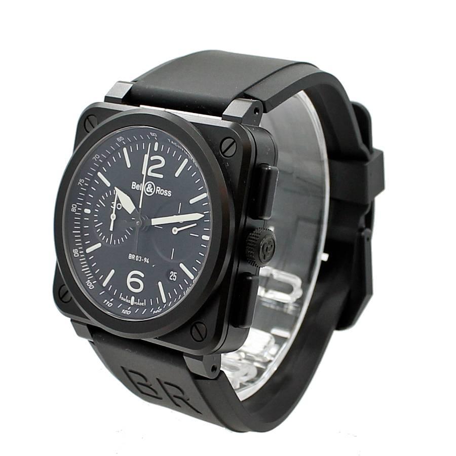 Bell & Ross BR03-92 Black Matte Ceramic Wristwatch Model BR0392-BL-CE. This watch is 42mm in diameter and is cased in a Ceramic case and bezel. It features a mechanical automatic movement with the following functions: hours, seconds, date, and 