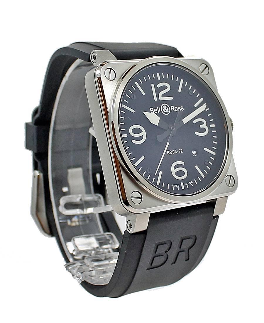 Bell & Ross BR03-92 Stainless Steel Wristwatch Model BR0390-BLC-ST. This watch is 42mm in diameter and is cased in Stainless Steel case. It features a mechanical automatic movement with the following functions: hours, seconds, and date. This