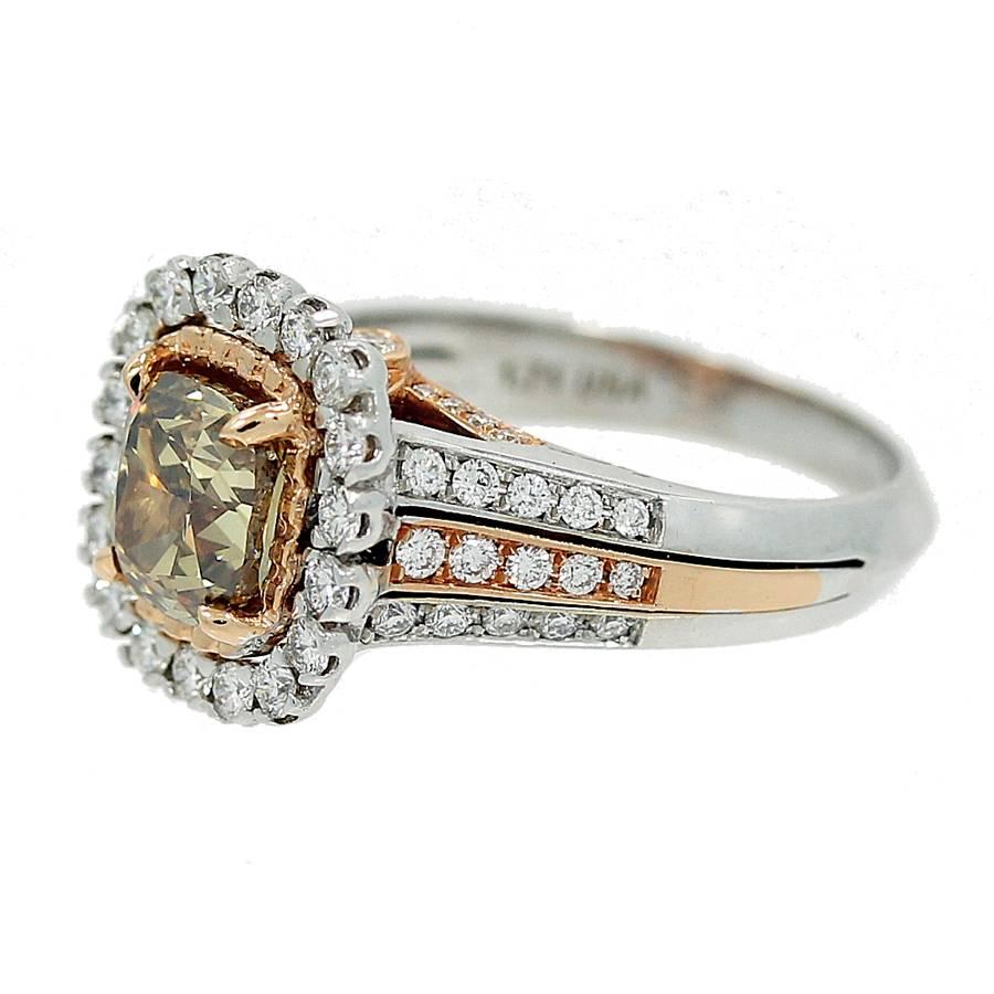 18K Gold Ring with a Natural Fancy Dark Greenish Yellow Brown Diamond In New Condition For Sale In Naples, FL