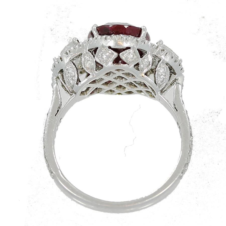 18K White Gold Ring with Oval Heated Burma Ruby and Diamonds For Sale 1