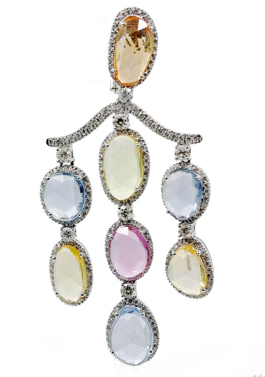 18K White Gold Earrings with 45.19 Carats in Colored Sapphires and 4.22 Carats in Round Brilliant Cut Diamonds.