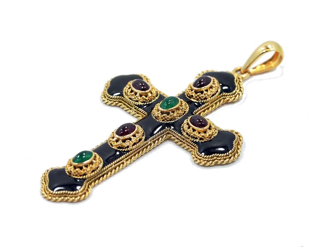  Antique Onyx Ruby Emerald Gold Cross Pendant In Excellent Condition For Sale In Naples, FL