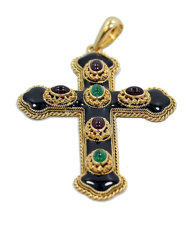 Women's or Men's  Antique Onyx Ruby Emerald Gold Cross Pendant For Sale
