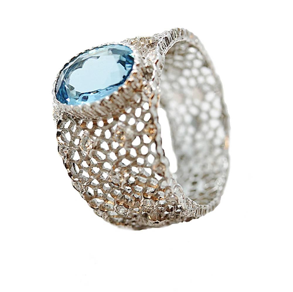 Buccellati Musone Aquamarine Diamonds Gold Band Ring In New Condition For Sale In Naples, FL