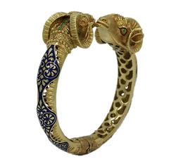 Yellow Gold Rams Head and Enamel Bangle Bracelet