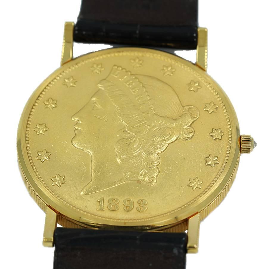 Corum Yellow Gold Diamond 1893 Twenty Dollar Crown Coin Quartz Wristwatch  In Excellent Condition In Naples, FL