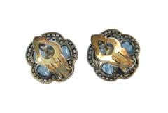 Diamond  Blue Topaz Flower Earrings