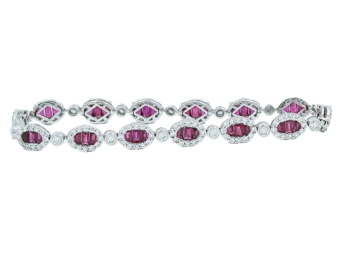 Up for sale is this beautiful ruby and diamond tennis bracelet. There are approximately 3.42cts of round brilliant diamonds and 5.68cts of rectangular cut rubies of very nice color and clarity. Bracelet measures at 7.25
