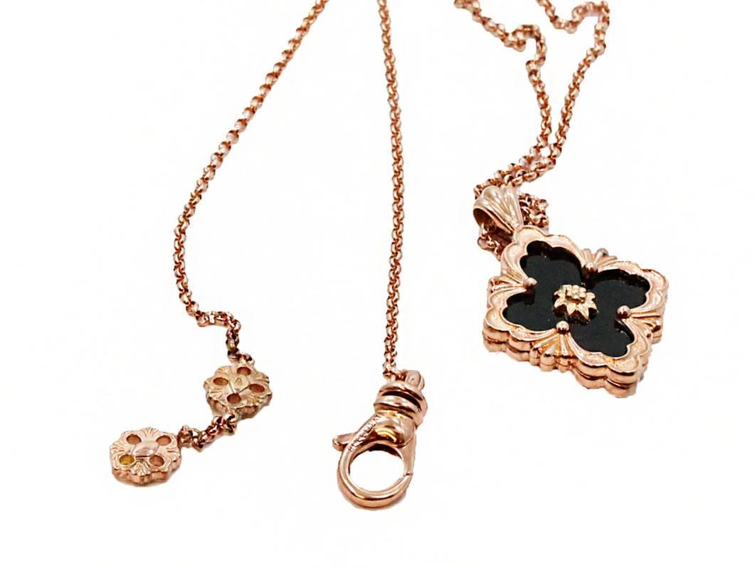 18K Rose Gold Buccellati Opera Collection Pendant Necklace With Black Onyx. Black Onyx is 2.50 Carats On a 17in. Chain.