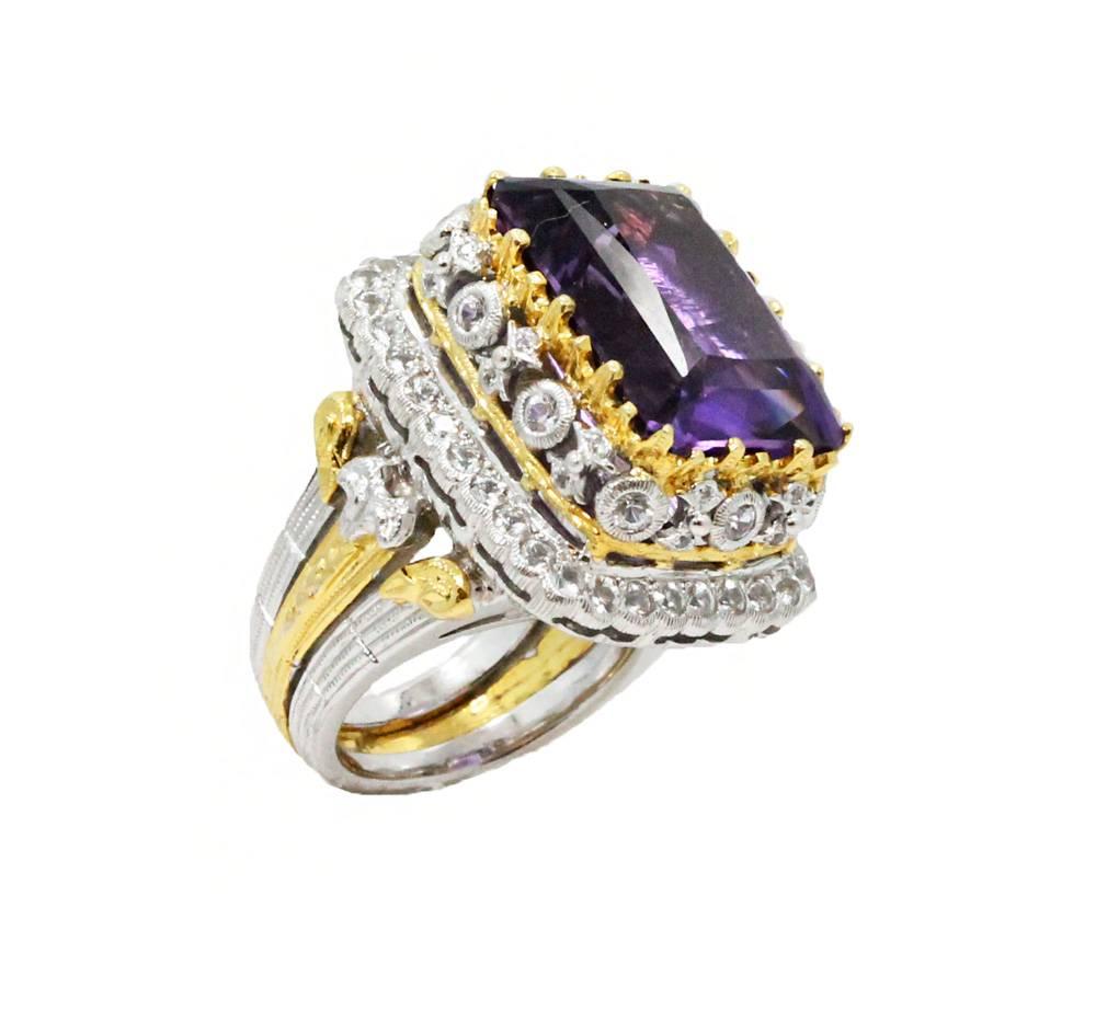 18K Yellow and White Gold Byzantine Style Ring with a Amethyst which weighs 21.00 carats and 46 Diamonds on the mounting weighing a total of 1.50 carats.The ring is a size 7.  