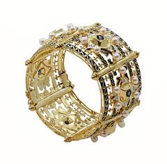 Renaissance Revival  Diamond Sapphire Pearl Gold Cuff Bangle