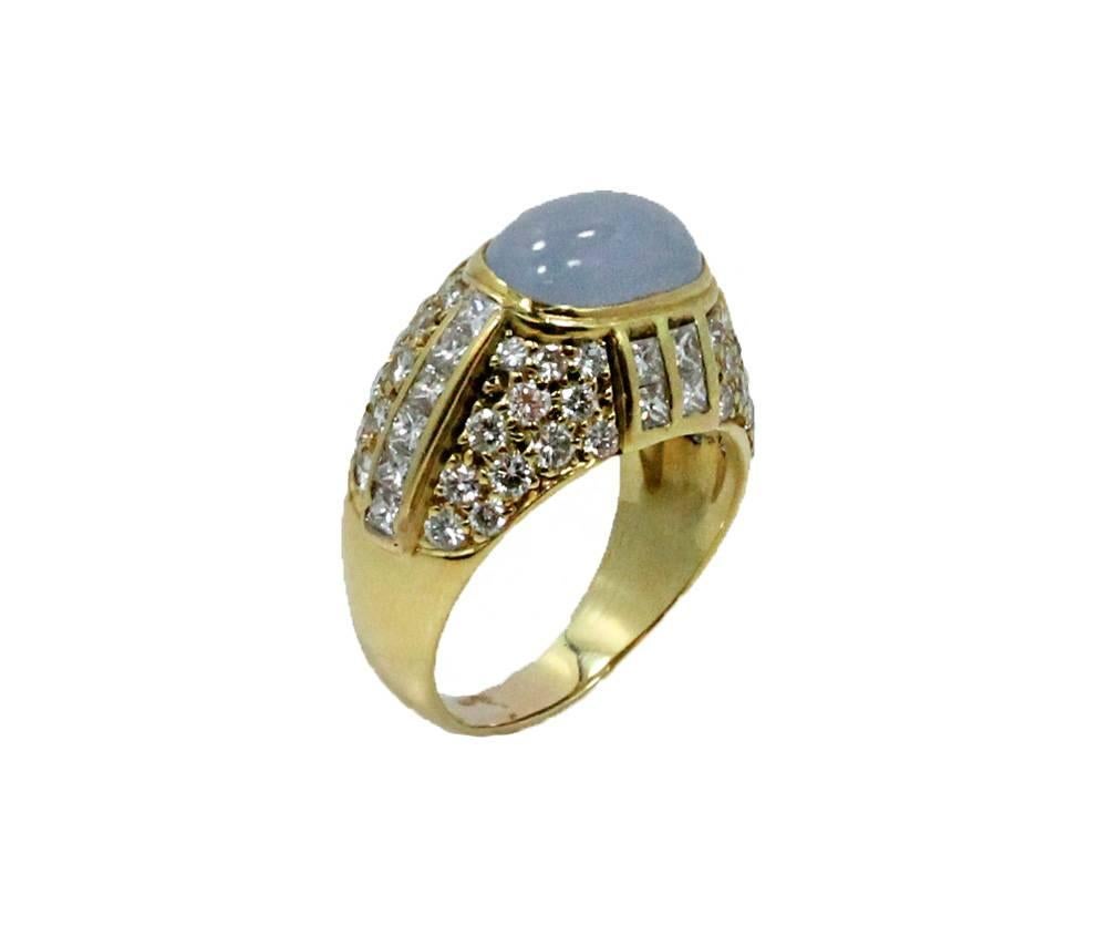 18K Yellow Gold Chalcedony  Ring With Diamonds Weighing .3ctw In a Size 8