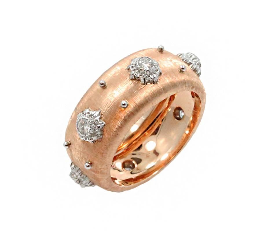 18K Rose Gold Buccellati Ring Band With 6 Round Brilliant Cut Diamonds Weighing 0.24ct. This Ring Is a Size 6.
