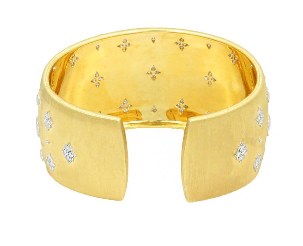 18K Yellow Gold Buccellati Cuff Bracelet with 114 Round Brilliant Cut Diamonds Weighing 1.79ctw. This Cuff Fits a Size 6 Inch Wrist and is 3.5 cm Wide. Hand made in Italy.