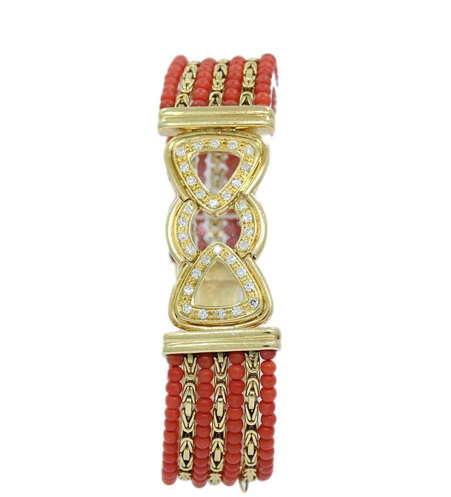 Yellow Gold Coral and Diamond Bracelet In Good Condition In Naples, FL