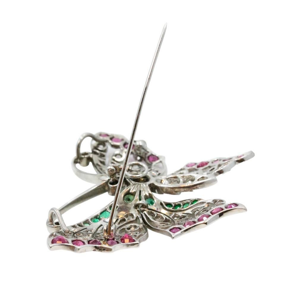 Ruby Emerald White Gold Butterfly Pin In Excellent Condition For Sale In Naples, FL