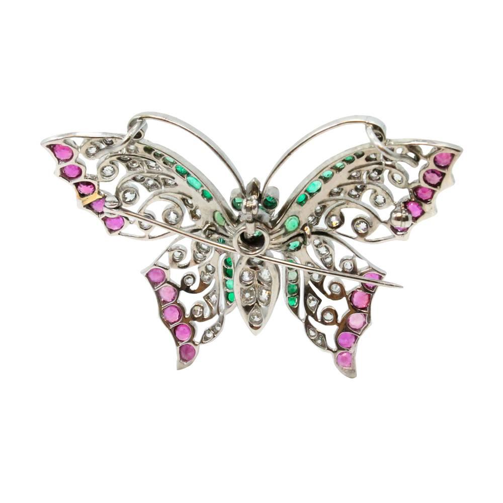 Women's Ruby Emerald White Gold Butterfly Pin For Sale
