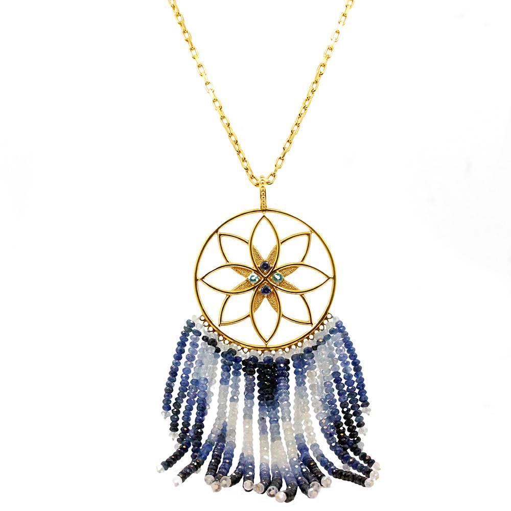 Buddha Mama Dream Catcher Moonstone Sapphire Gold Necklace For Sale