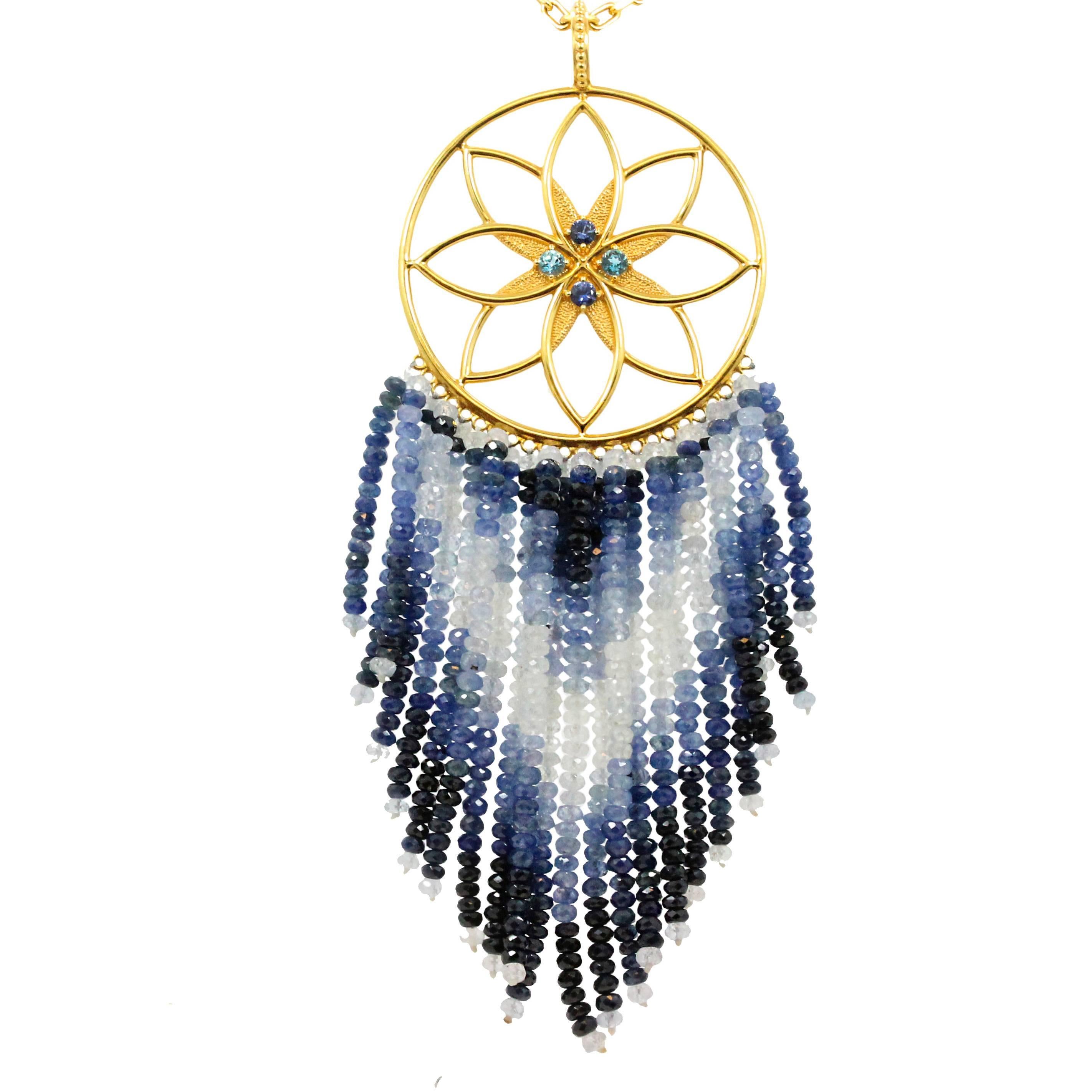 20K Yellow Gold Buddha Mama Dream Catcher Necklace With Faceted Moonstones and Sapphire Pendant.