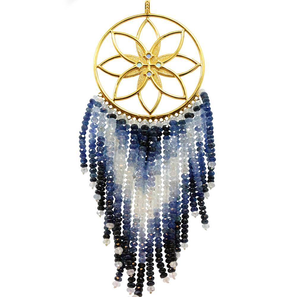 Buddha Mama Dream Catcher Moonstone Sapphire Gold Necklace In New Condition For Sale In Naples, FL